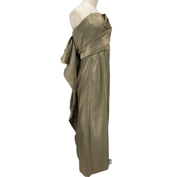 Halston Heritage Strapless Evening Gown Dress Back Structured Flounce Gold 10 - Picture 1 of 16